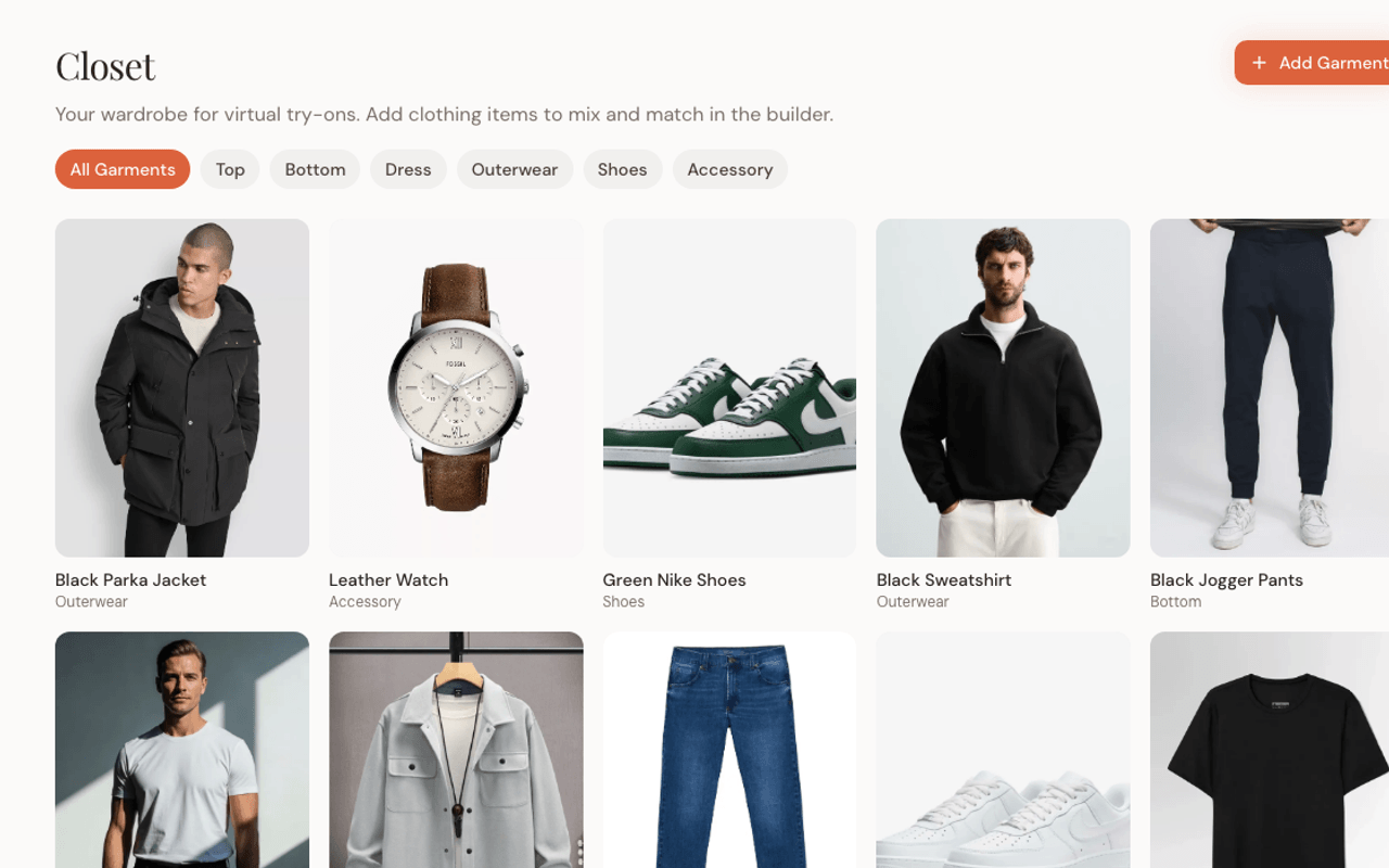 Closet page showing garment categories and wardrobe items.